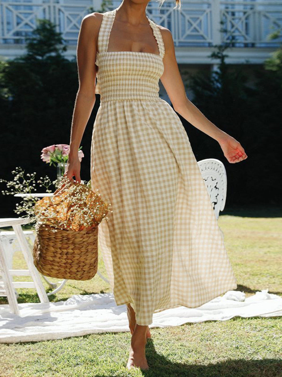 Countryside Plaid Print Halter Criss Cross Long Dress with Pocket Detail