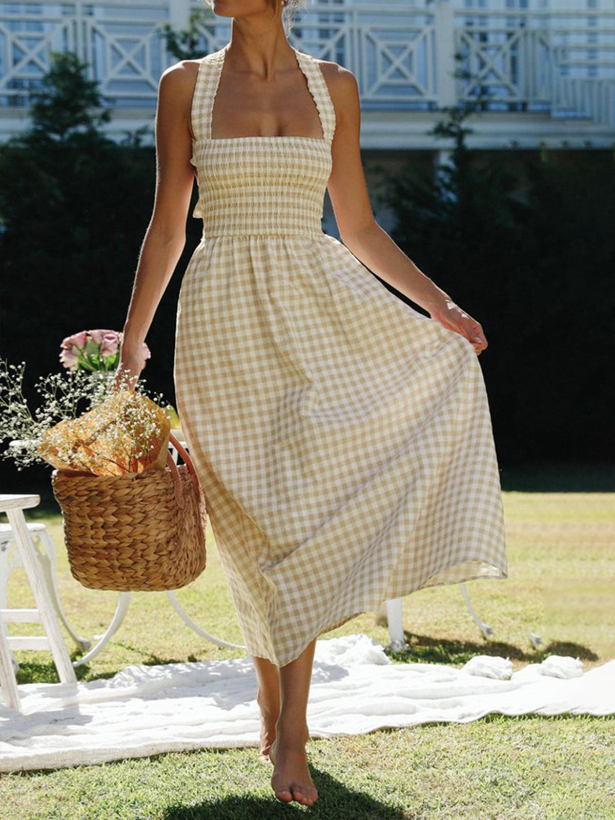 Countryside Plaid Print Halter Criss Cross Long Dress with Pocket Detail