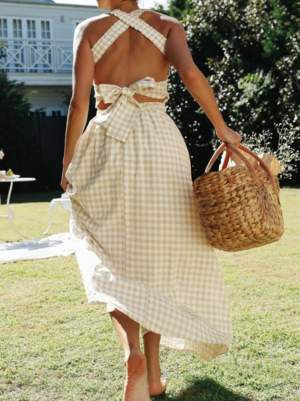 Countryside Plaid Print Halter Criss Cross Long Dress with Pocket Detail