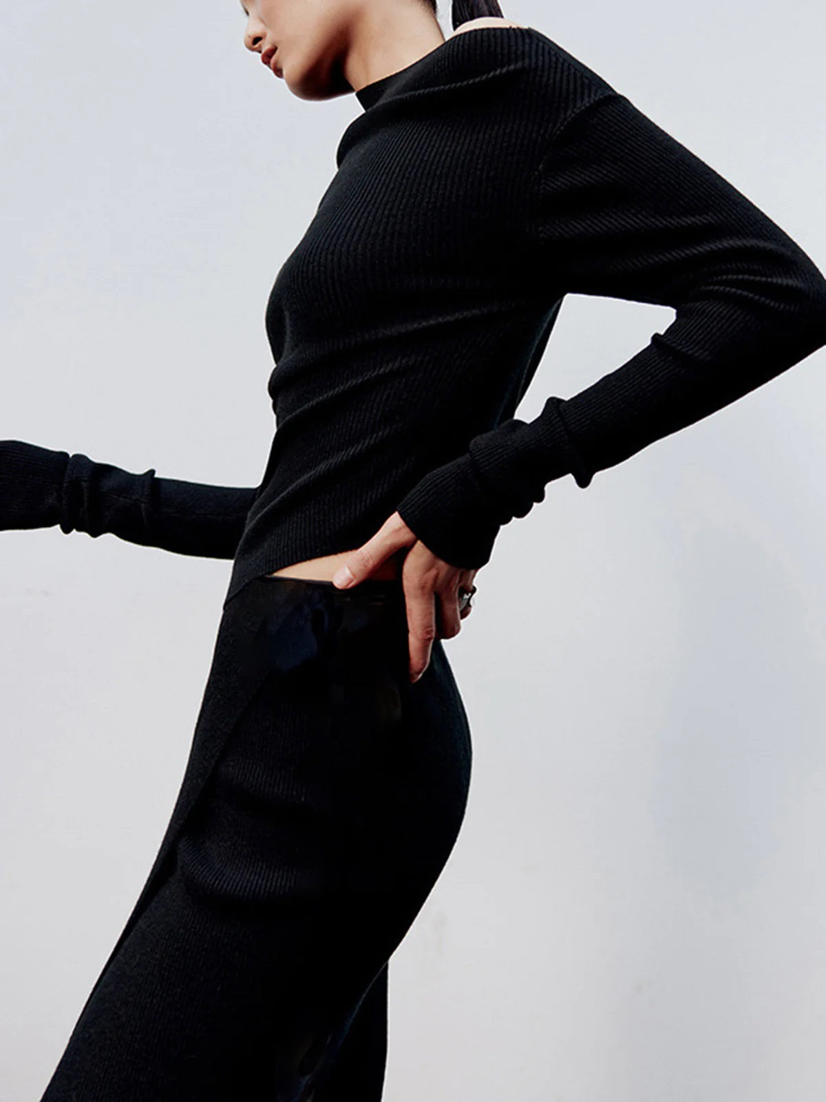 Caramel Asymmetric Neckline Long Sleeve Knit Top for Women Casual Comfort