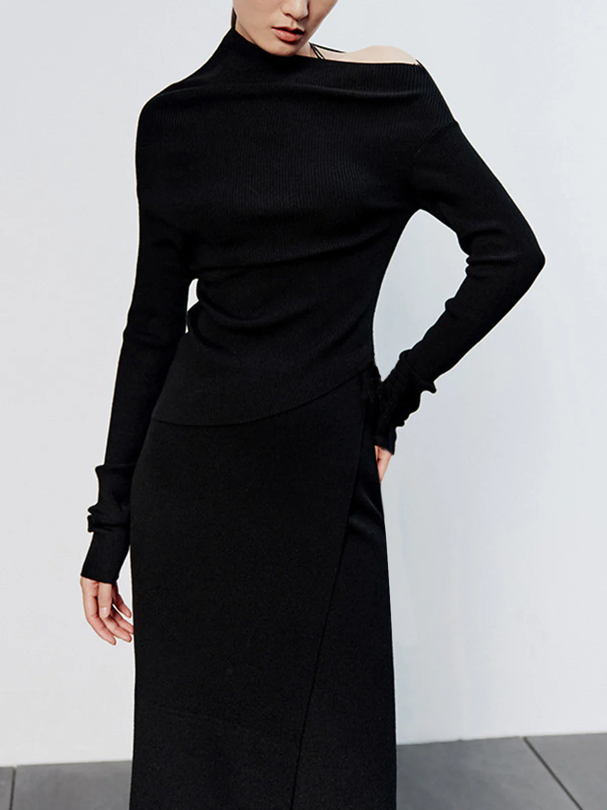 Caramel Asymmetric Neckline Long Sleeve Knit Top for Women Casual Comfort