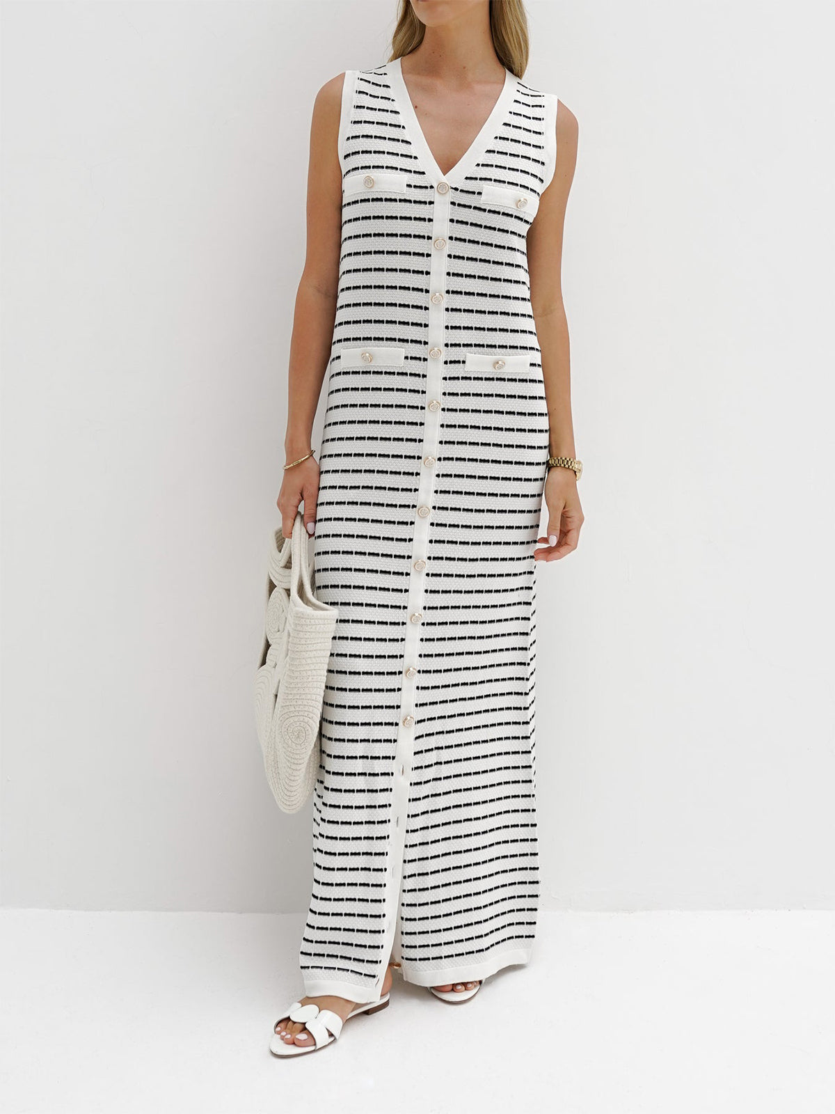Striped Metal Button Long Sweater Dress Cozy Winter Fashion