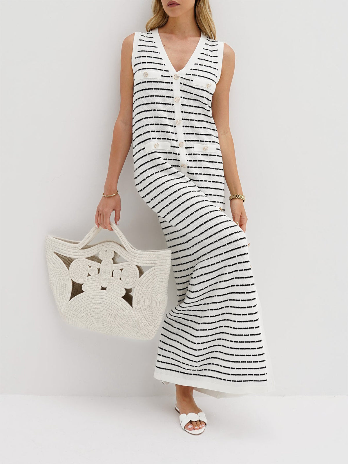 Striped Metal Button Long Sweater Dress Cozy Winter Fashion