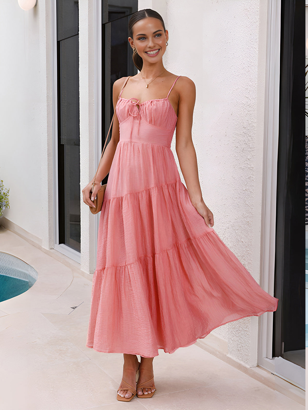 Semi-Sheer Back Smocking Design Tiered Cami Long Dress for Women Summer 2023
