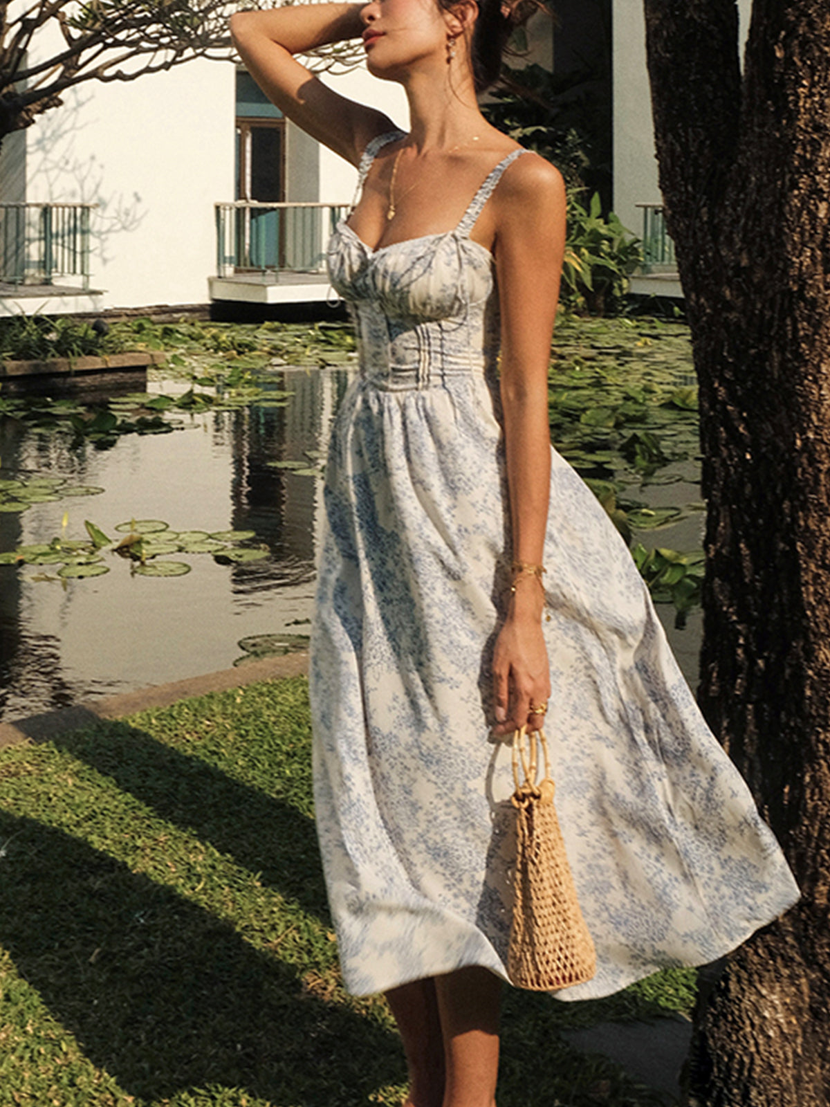 Sapphire Garden Floral Cami Midi Dress with Adjustable Straps and Slit