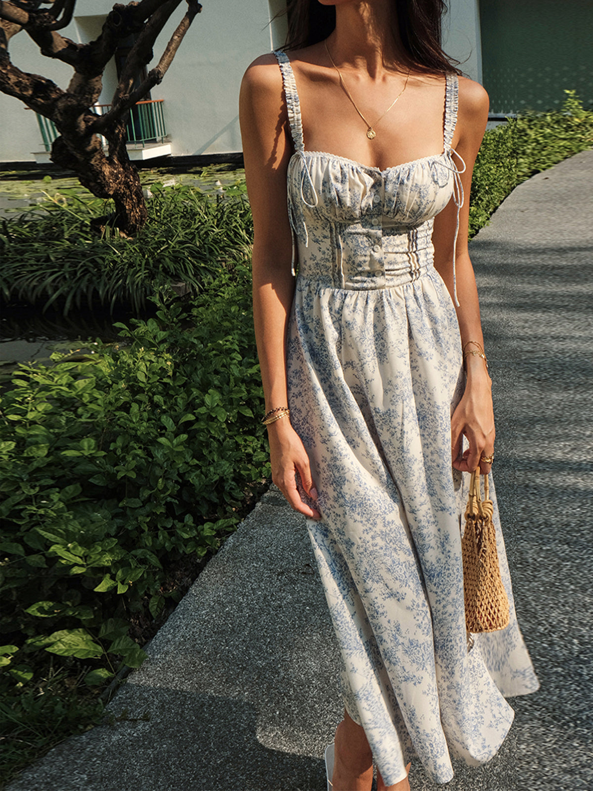 Sapphire Garden Floral Cami Midi Dress with Adjustable Straps and Slit