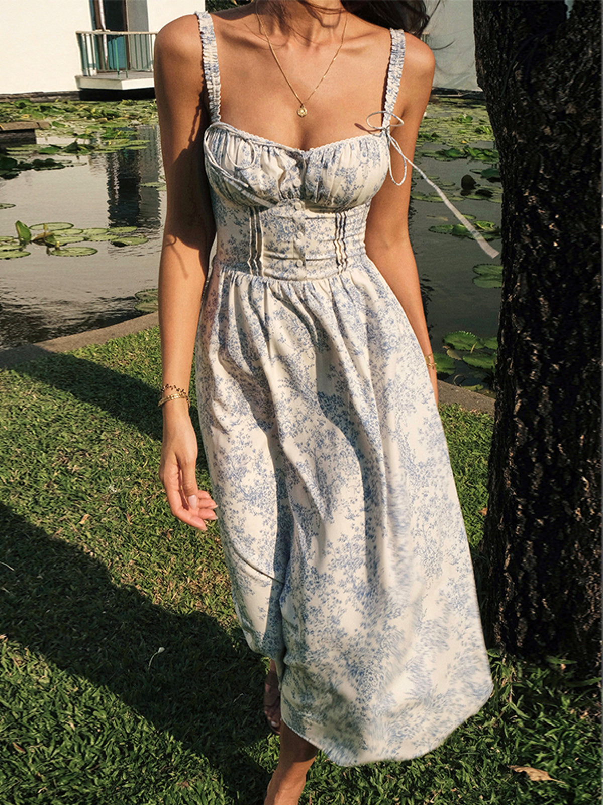 Sapphire Garden Floral Cami Midi Dress with Adjustable Straps and Slit