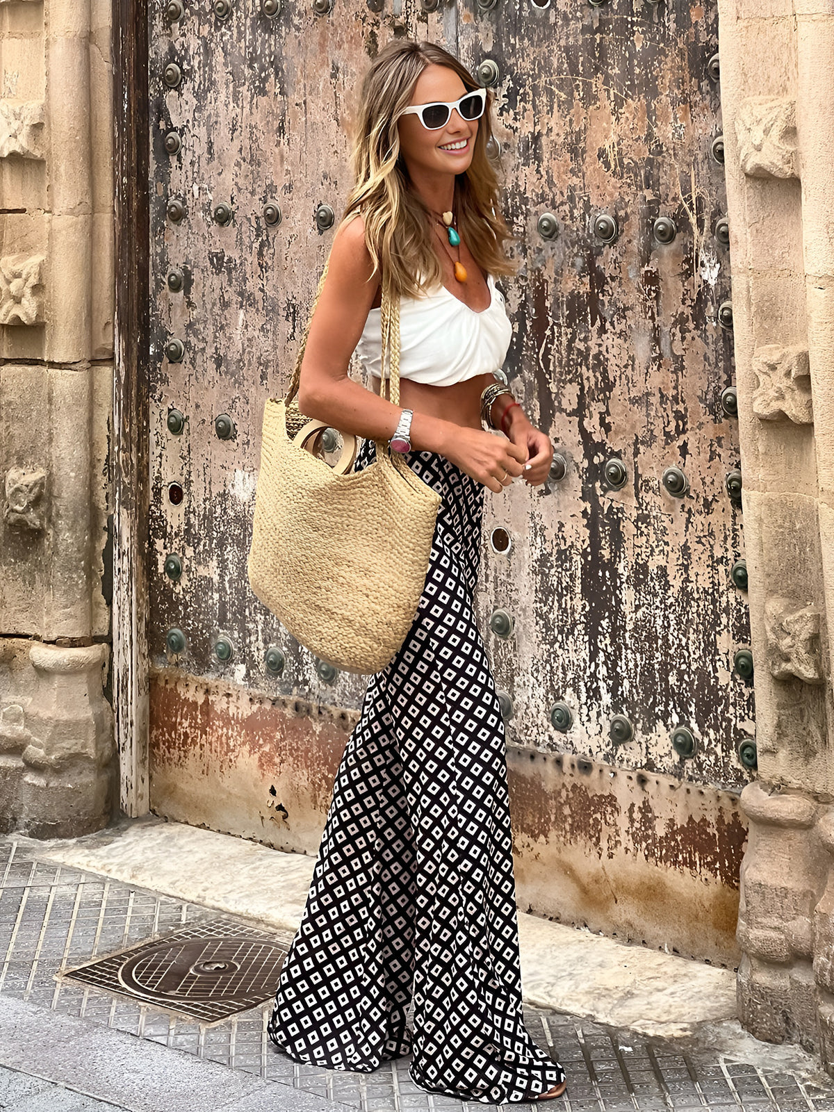 Geometric Print Flare Pants High Waist Stretchy Fashion