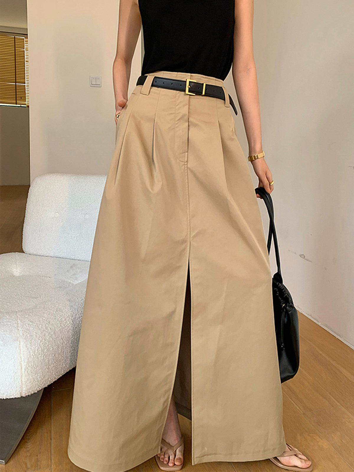 Oversized Cotton Split Maxi Skirt Without Belt for Women Summer Casual