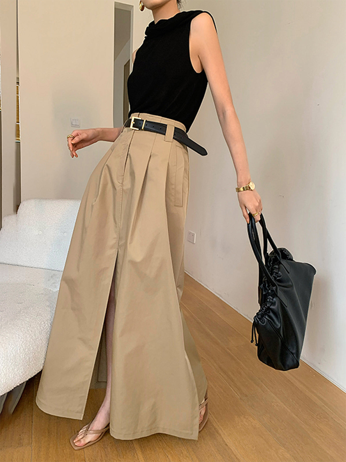 Oversized Cotton Split Maxi Skirt Without Belt for Women Summer Casual