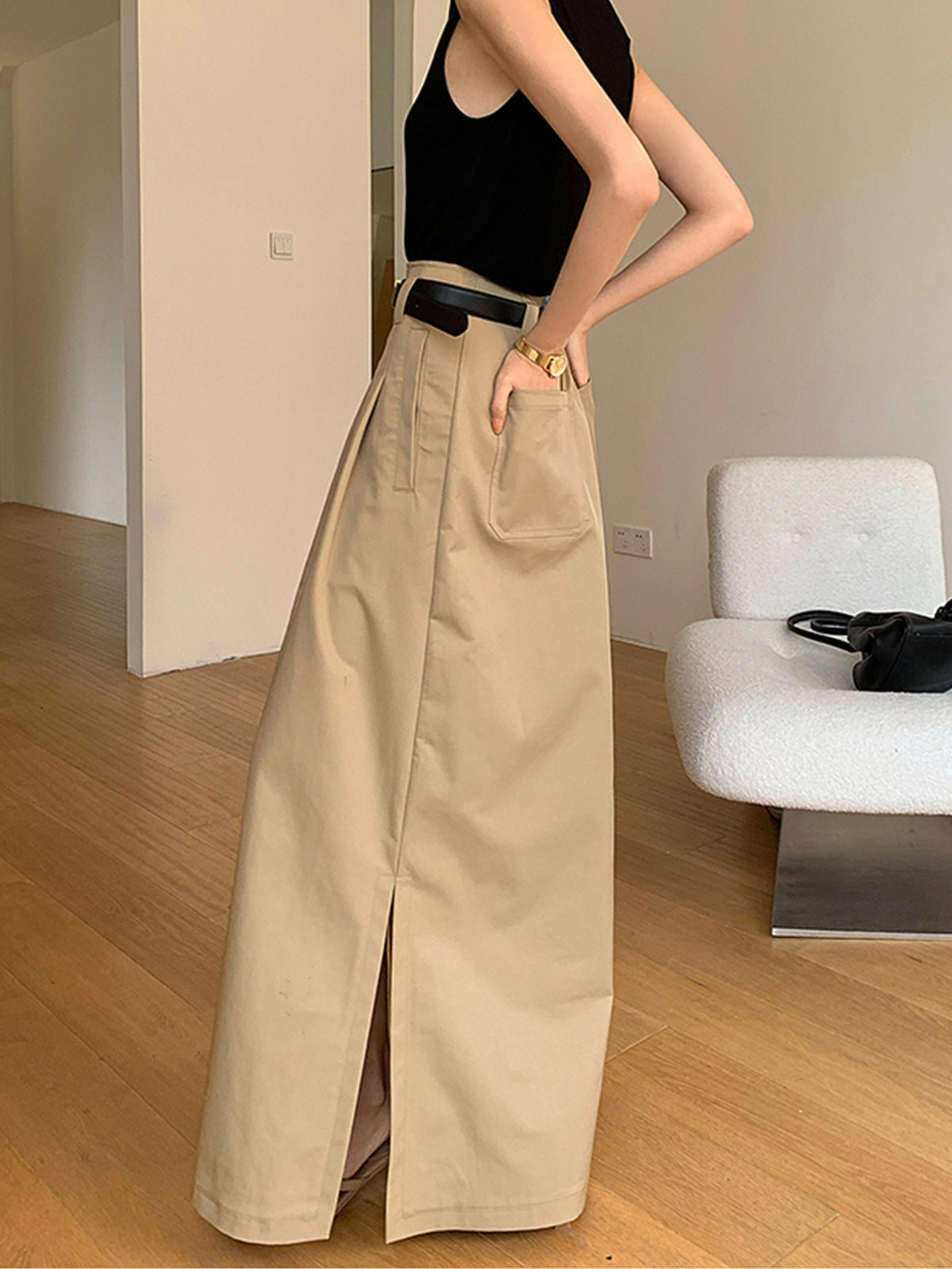 Oversized Cotton Split Maxi Skirt Without Belt for Women Summer Casual