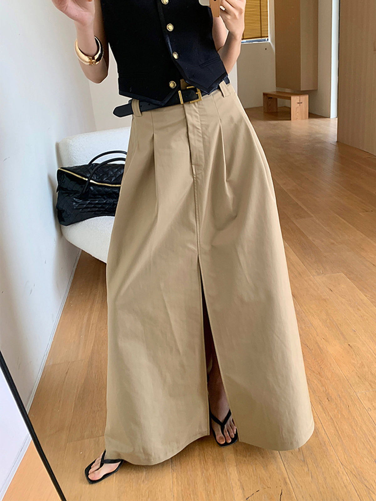 Oversized Cotton Split Maxi Skirt Without Belt for Women Summer Casual