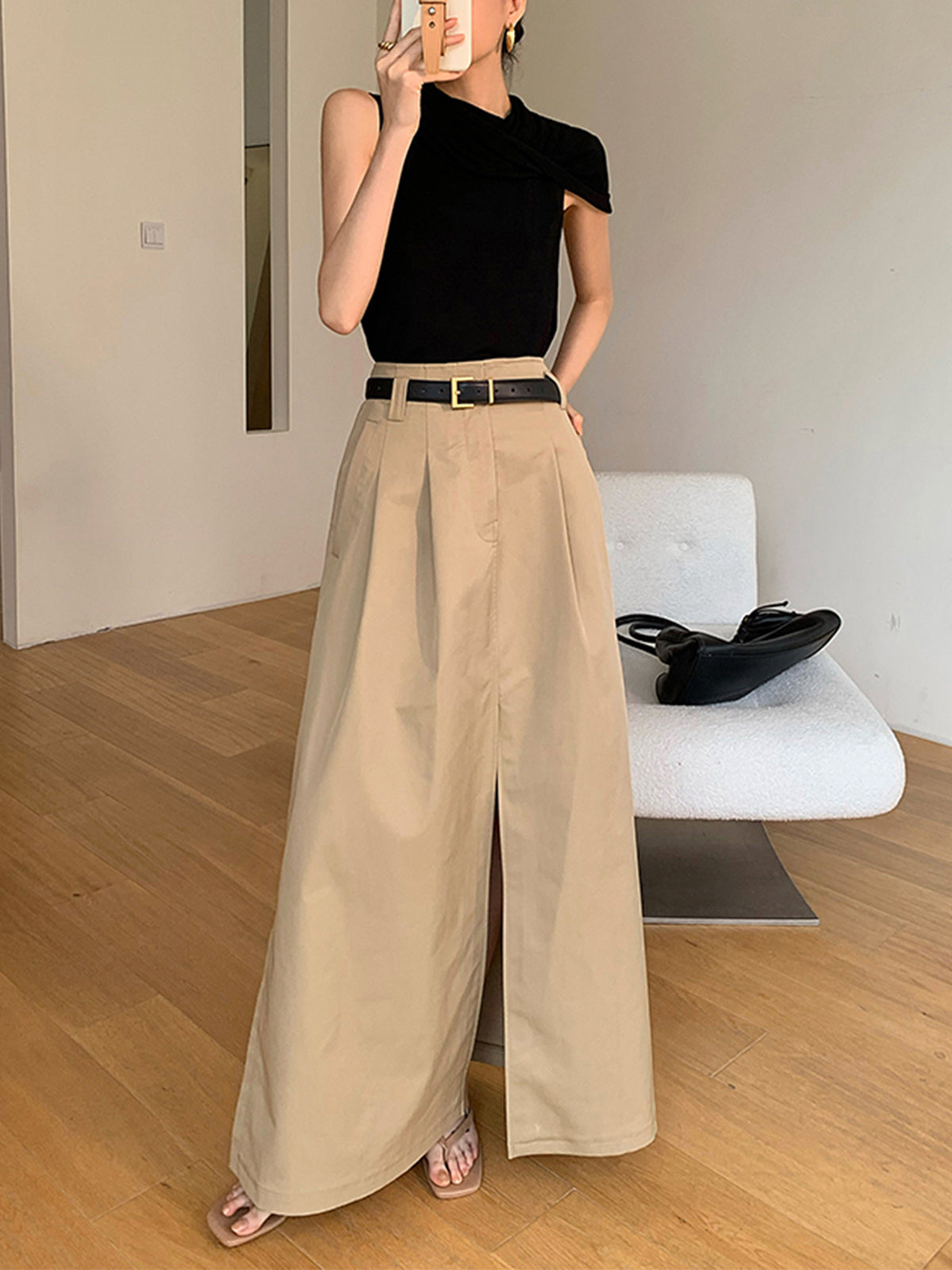 Oversized Cotton Split Maxi Skirt Without Belt for Women Summer Casual