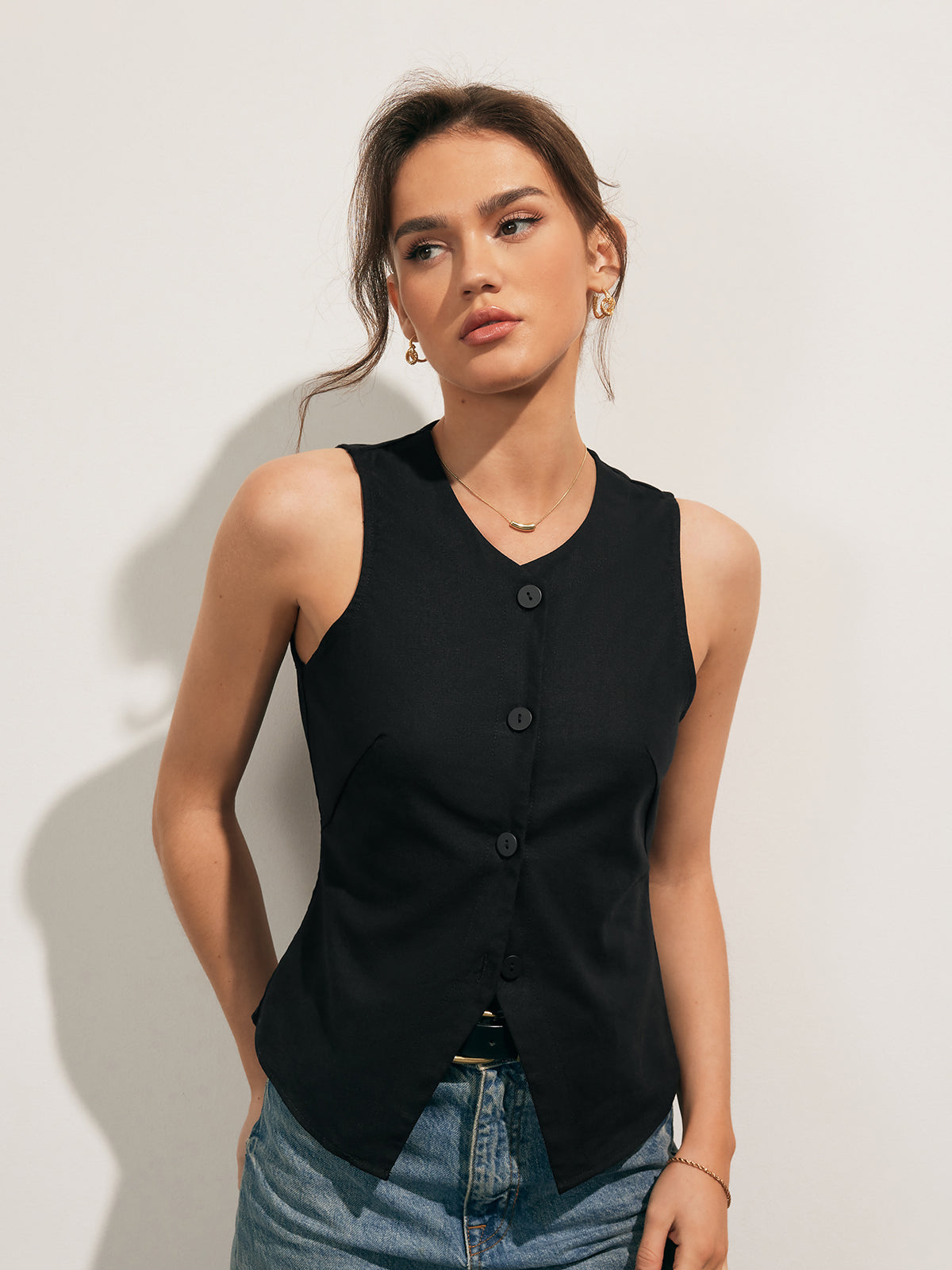 Linen Blends Button Up Tank Top for Summer Casual Wear