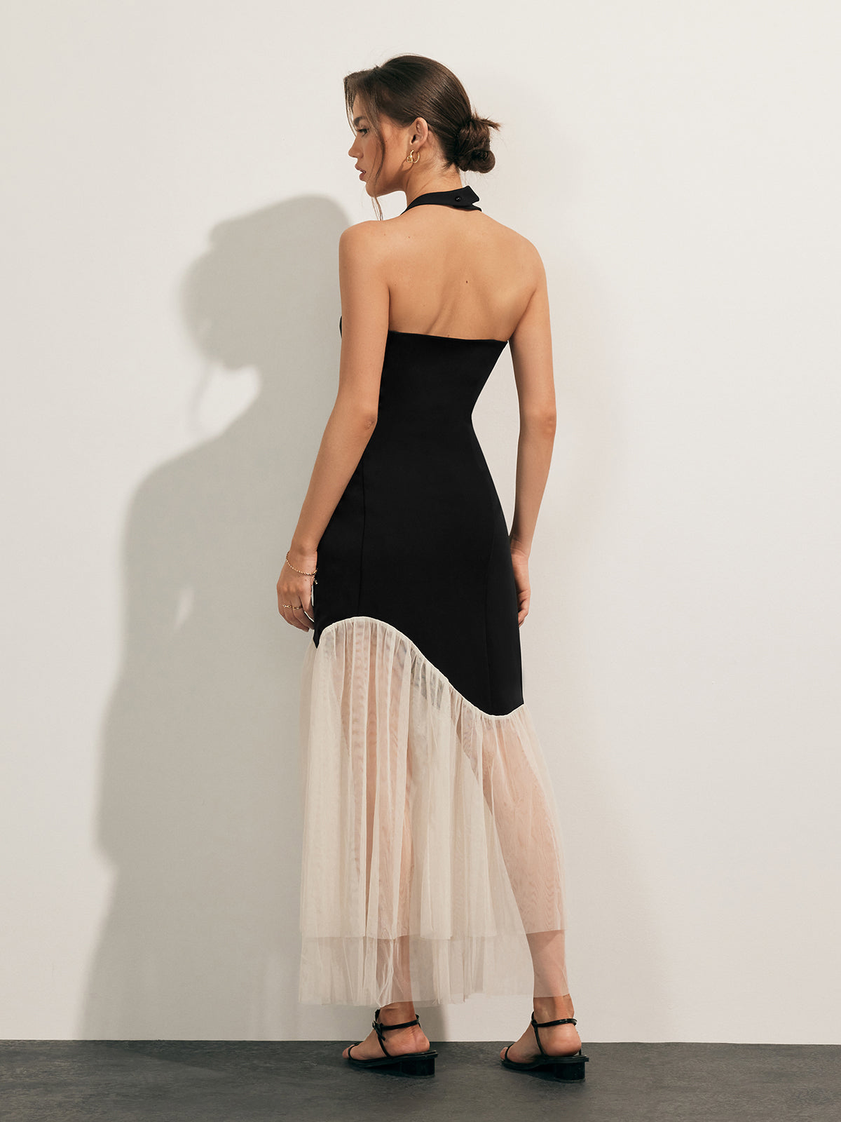 Tulle-Hem Slim Halter Long Dress for Elegant Evening Wear