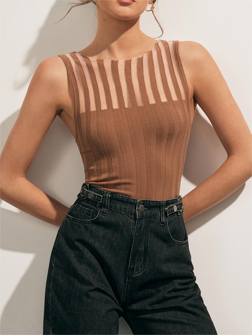 Sheer Ribbed Tank Top for Women Casual Fit