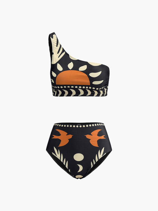 Bird Print Asymmetrical Neck Bikini Set with High Waisted Bottoms