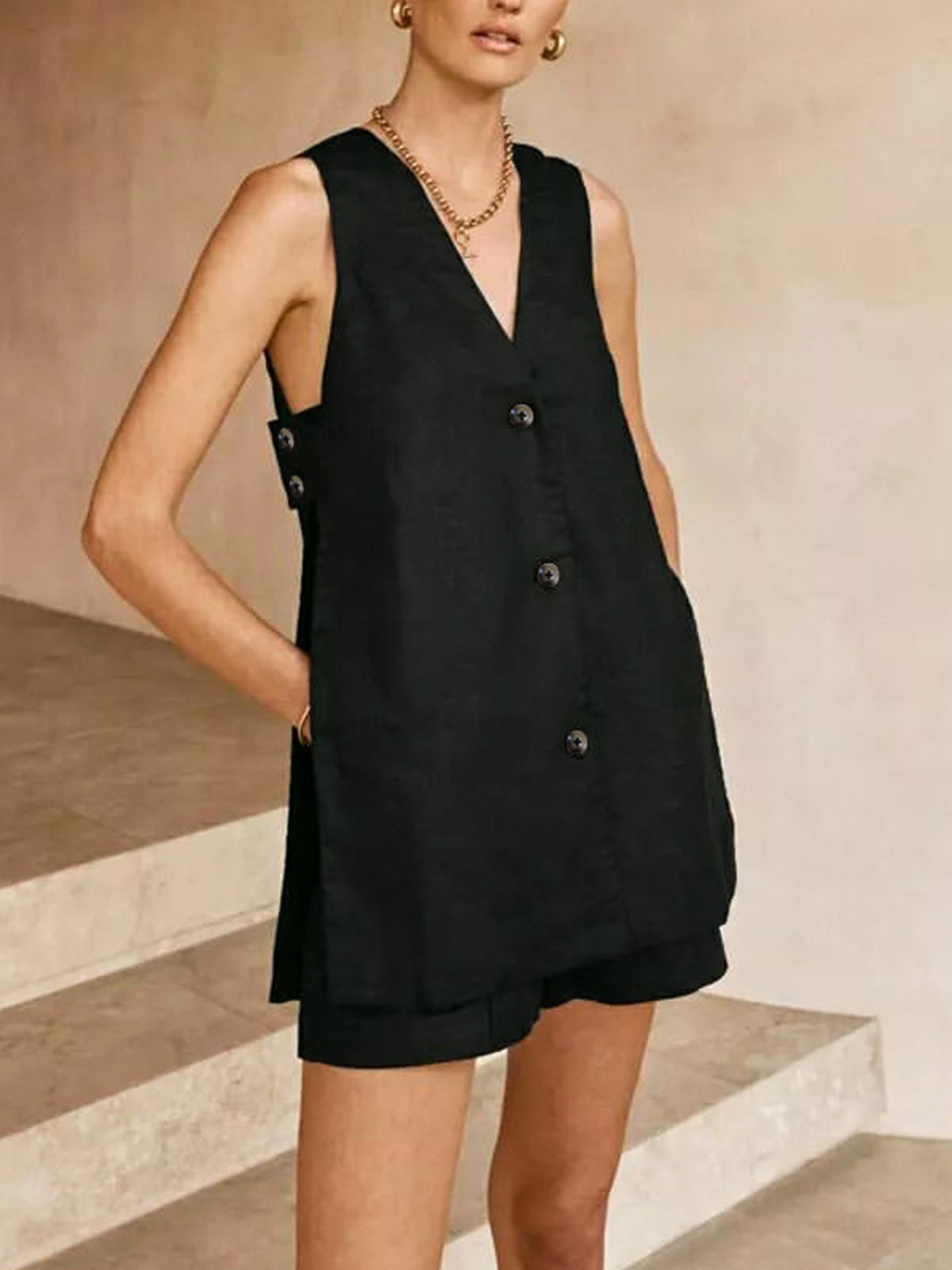 V-neck Sleeveless Vest with High-waisted Shorts Set for Women Casual Summer Outfit