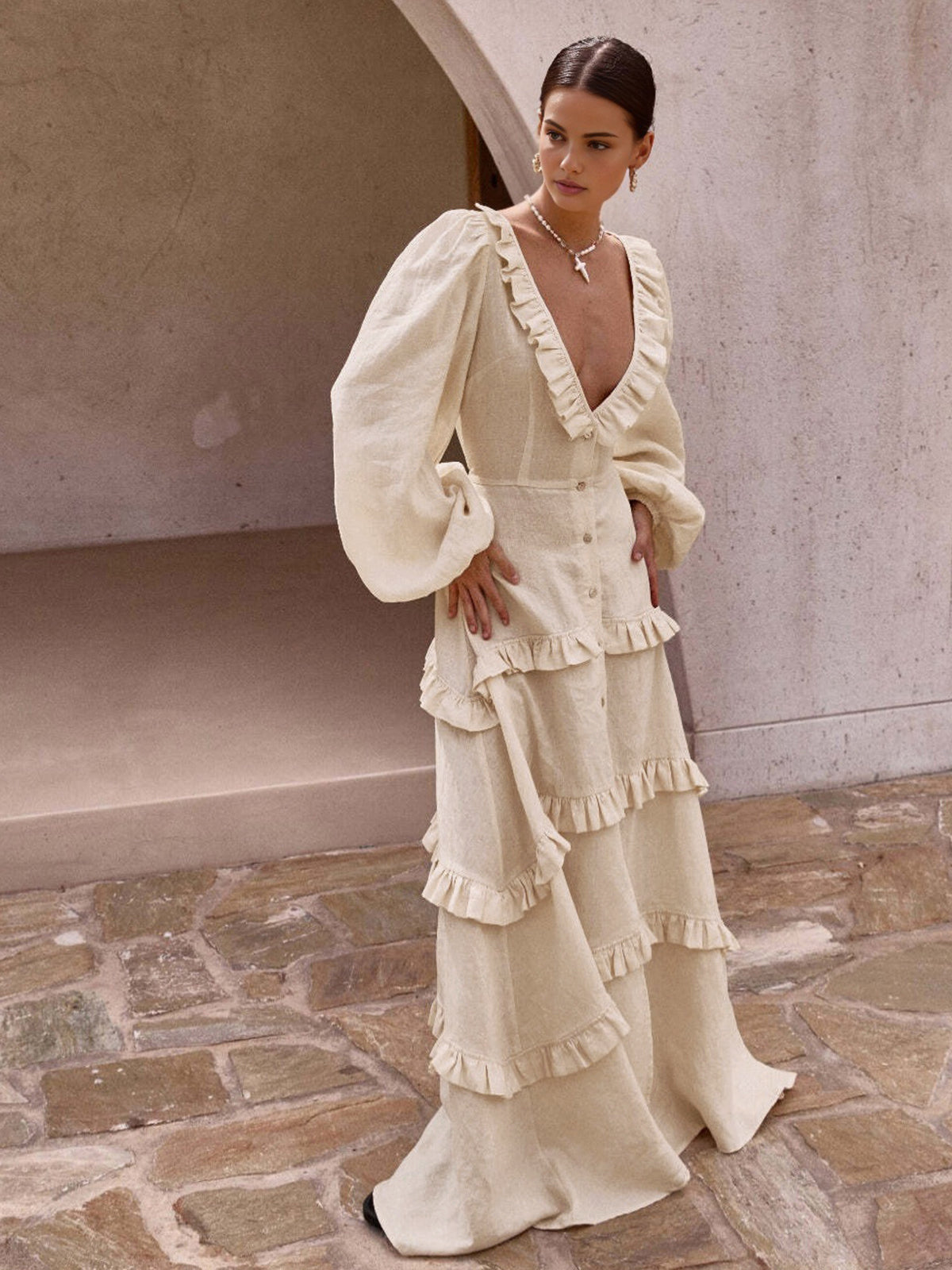 Cotton & Linen Semi-Sheer Ruffle Trim Long Dress Summer Boho Chic Style