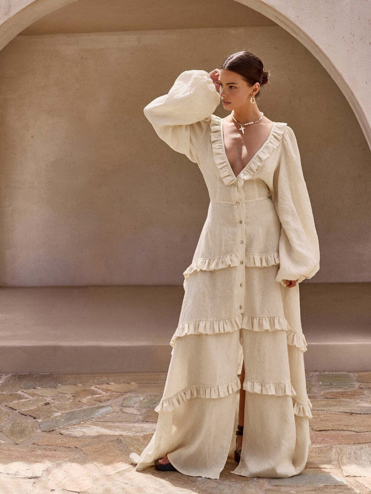 Cotton & Linen Semi-Sheer Ruffle Trim Long Dress Summer Boho Chic Style