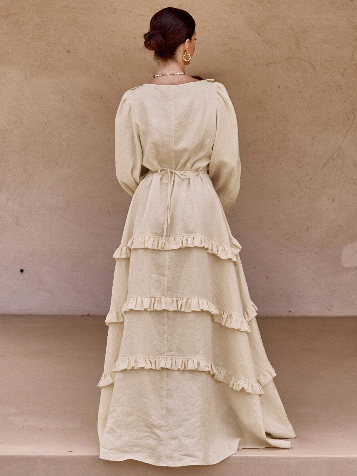 Cotton & Linen Semi-Sheer Ruffle Trim Long Dress Summer Boho Chic Style