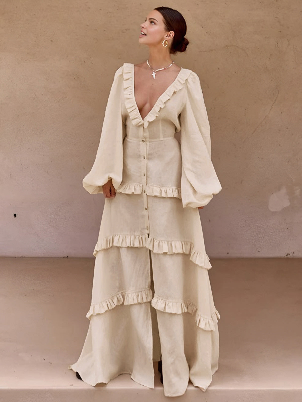 Cotton & Linen Semi-Sheer Ruffle Trim Long Dress Summer Boho Chic Style