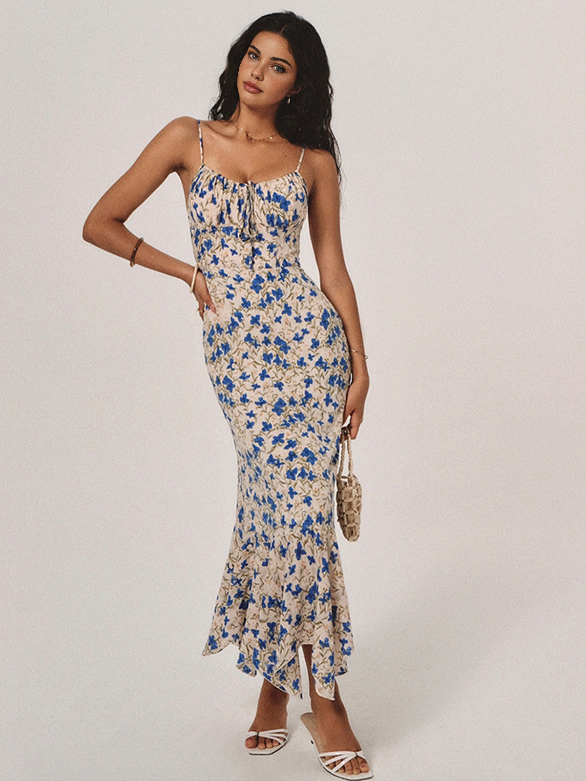 Floral Print Knotted Irregular Hem Long Dress for Women 2023