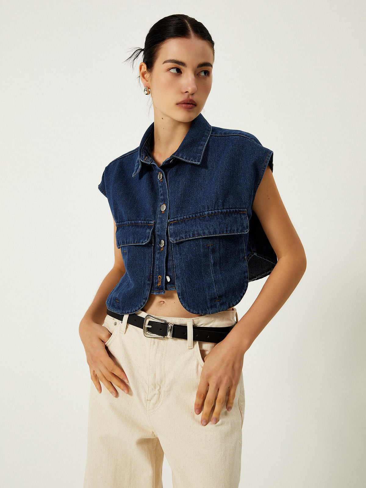 Denim Pockets Turn Down Collar Vest with Button-Up Front