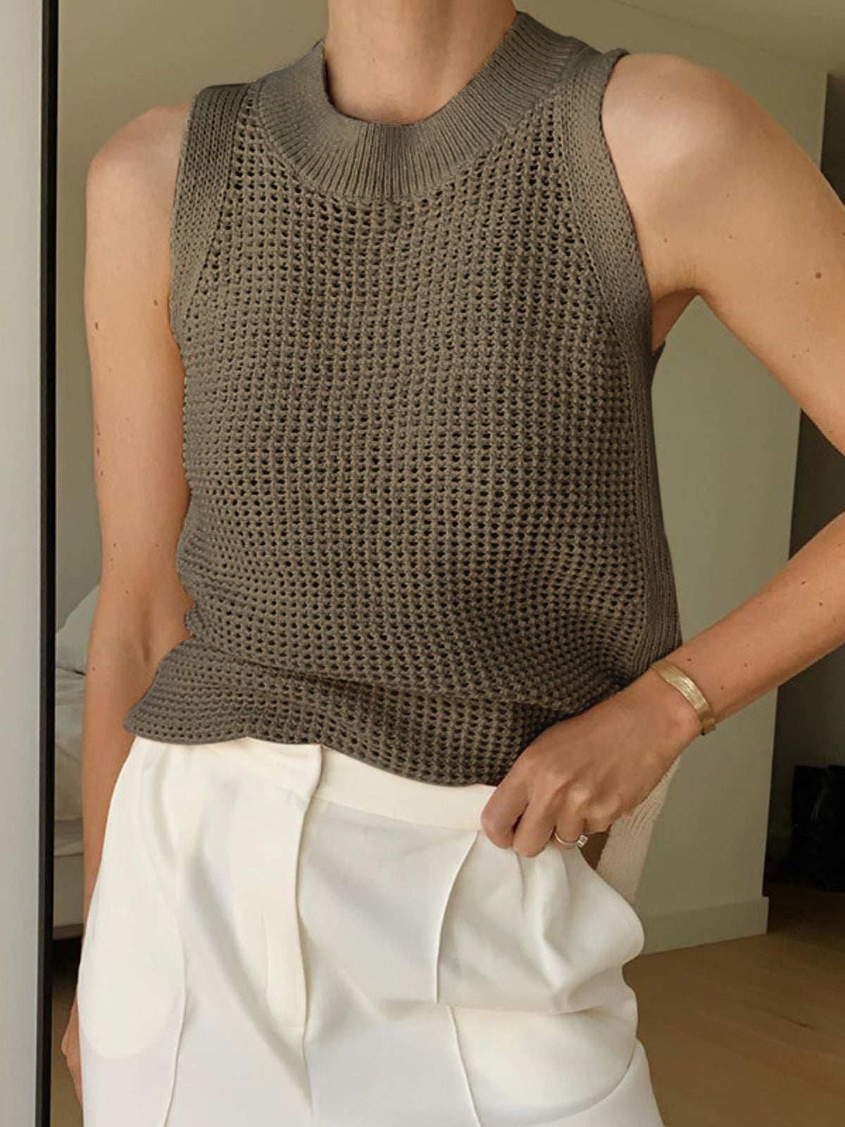 Knit Hollow Solid Tank Top Lightweight Breathable Summer Wear