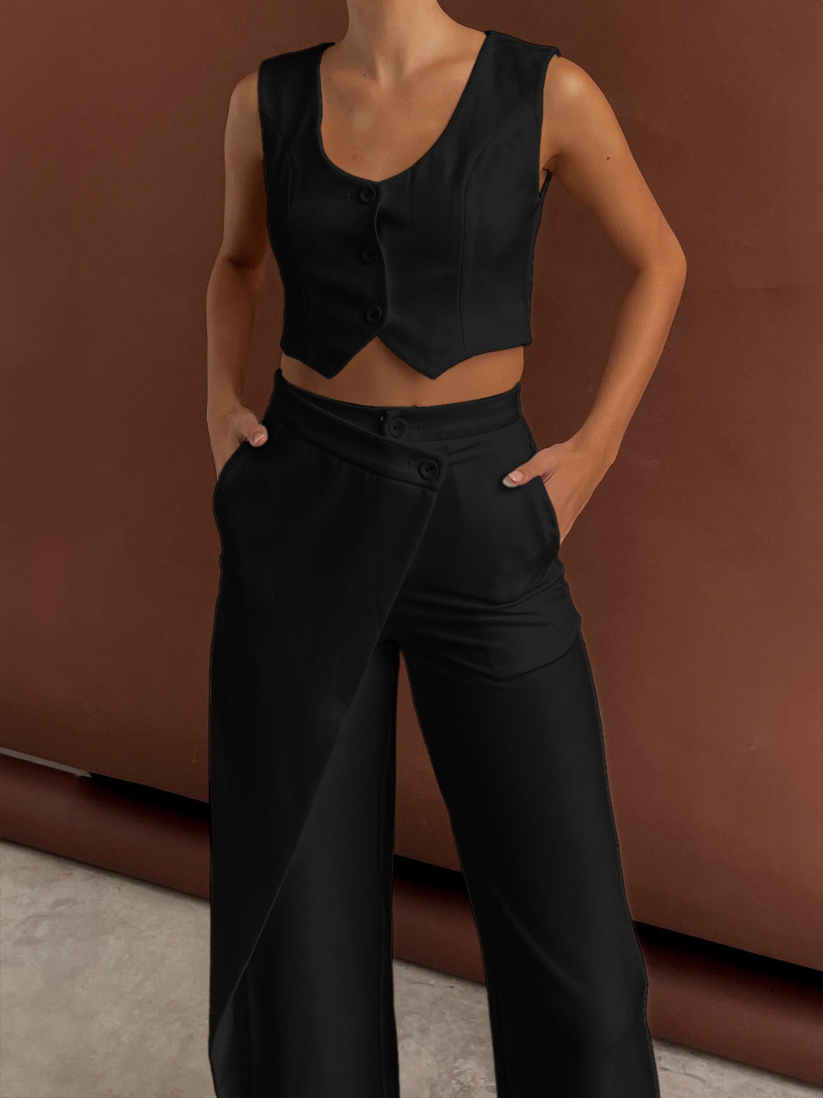 Solid Asymmetrical Straight Leg Pants Set for Women Casual Wear