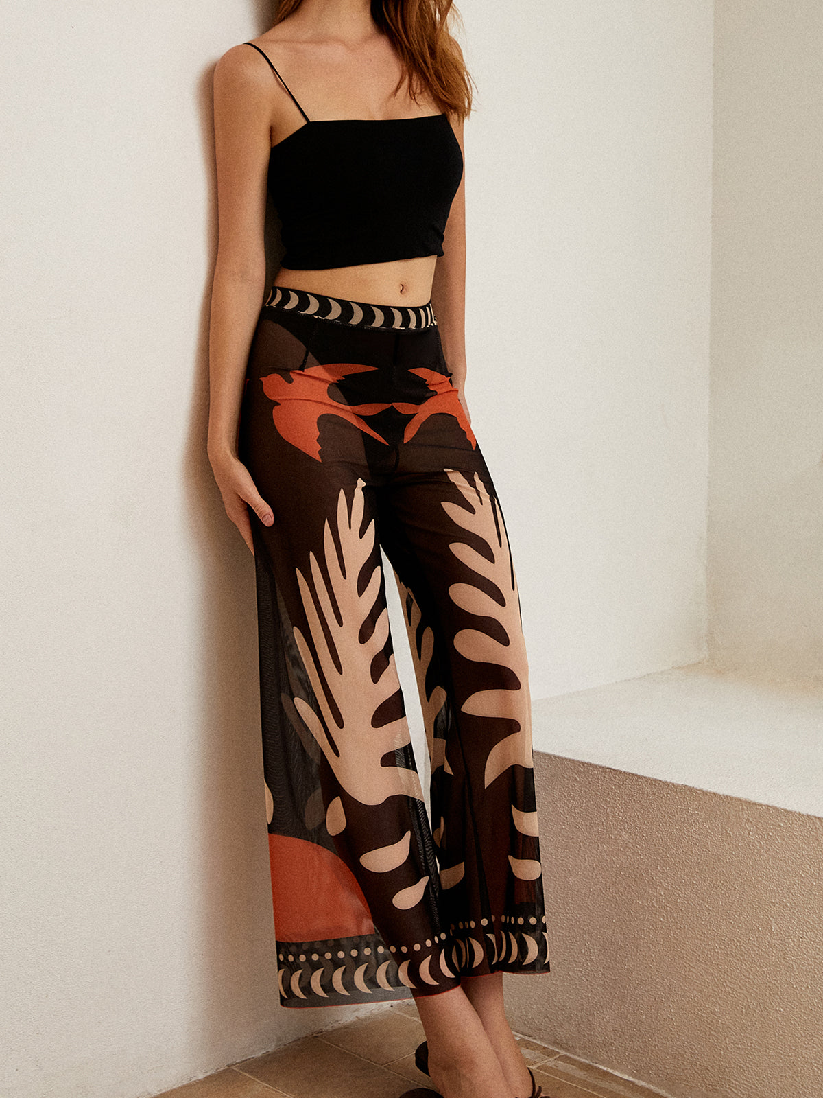 Bird Print Sheer Mesh Pants with Elastic Waistband