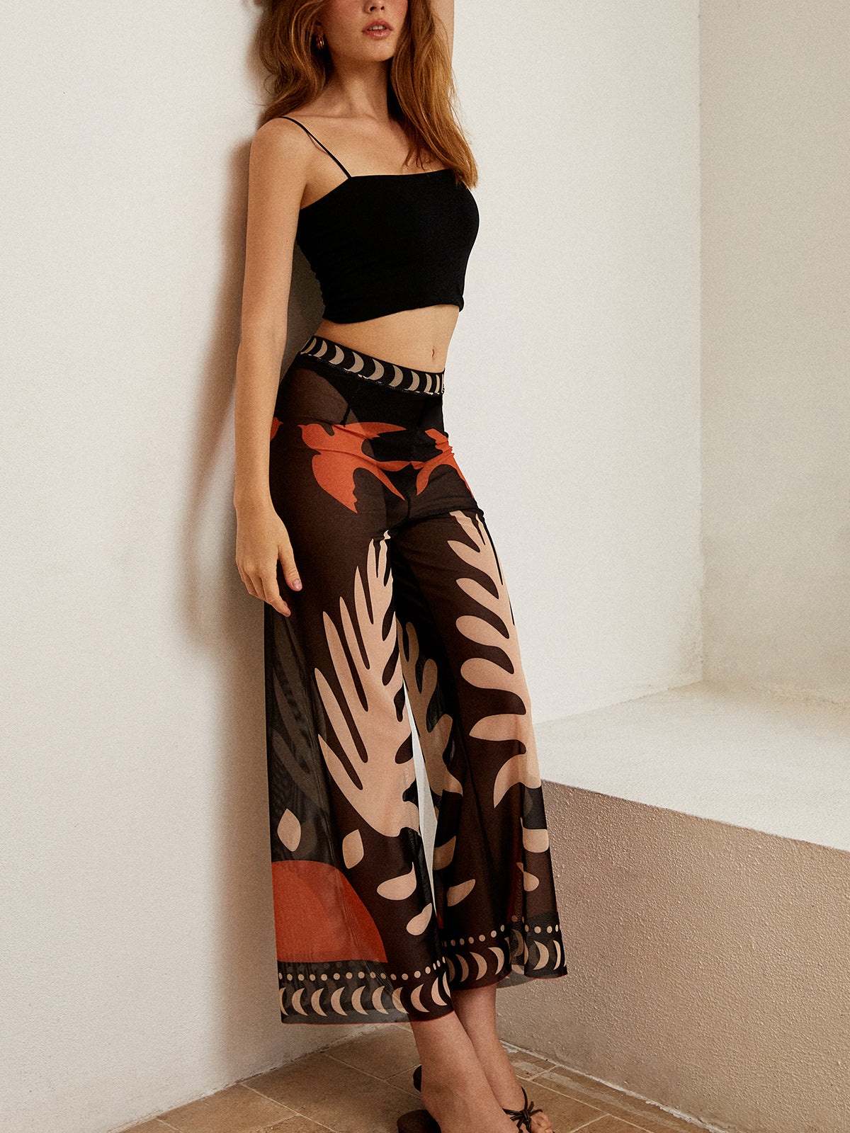 Bird Print Sheer Mesh Pants with Elastic Waistband