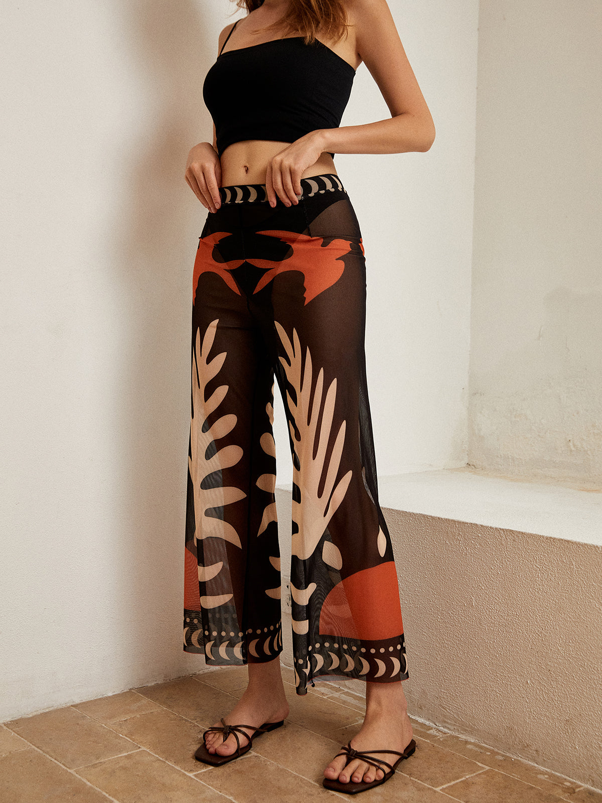 Bird Print Sheer Mesh Pants with Elastic Waistband
