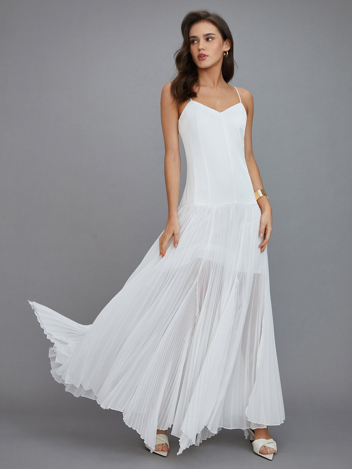 Semi-Sheer Pleated High-Low Maxi Dress for Women Elegant Evening Wear