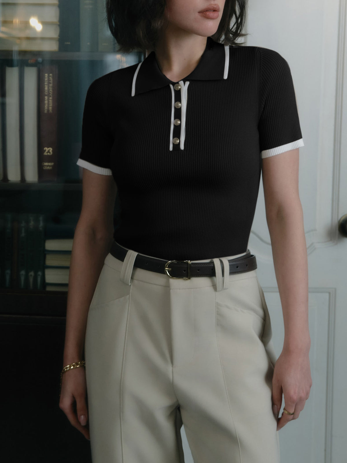 Contrast Trim Metal Button Knit Top for Women Casual Wear