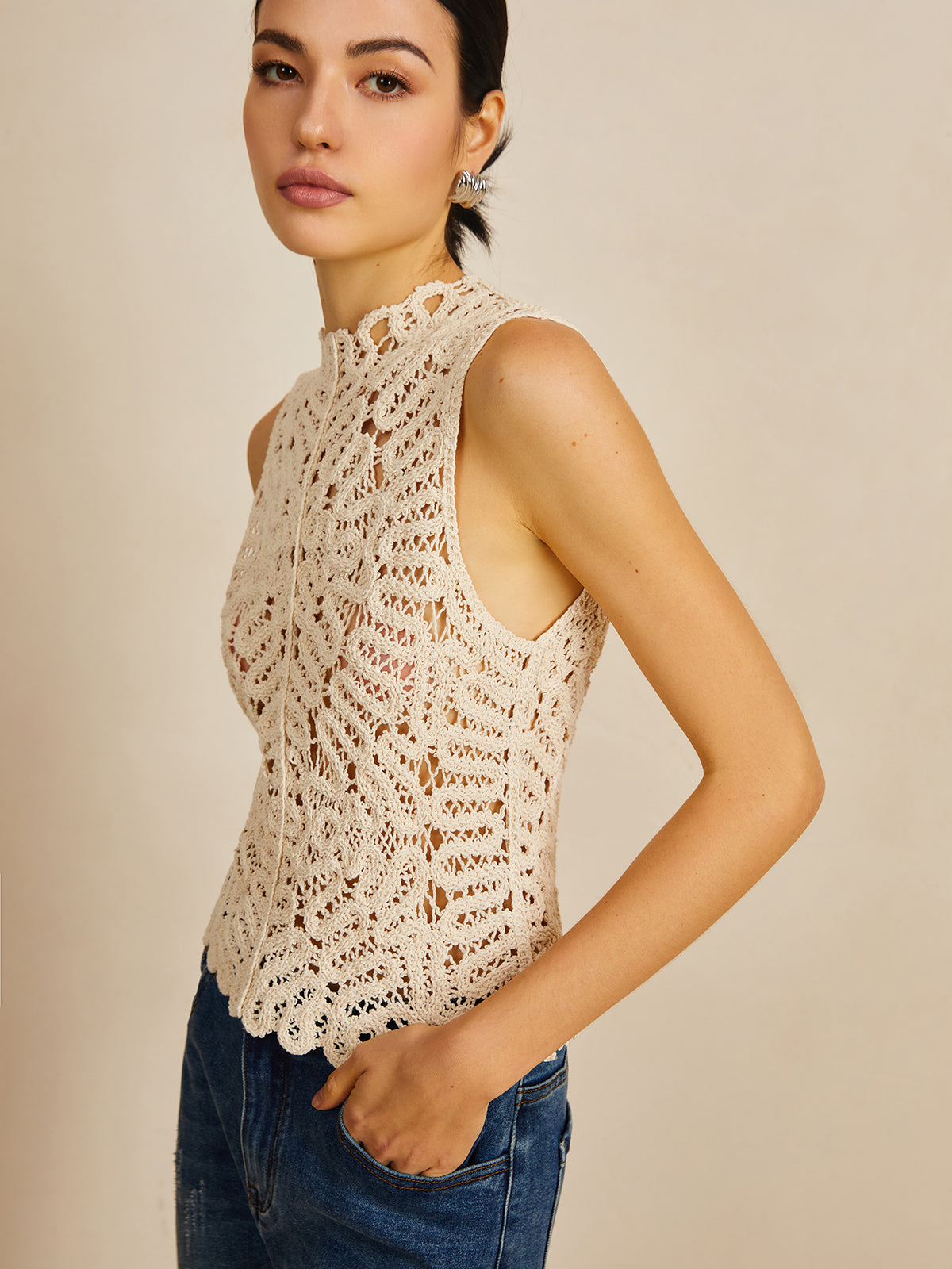 Floral Crochet Hollow Out Sweater Vest for Women Casual Layering