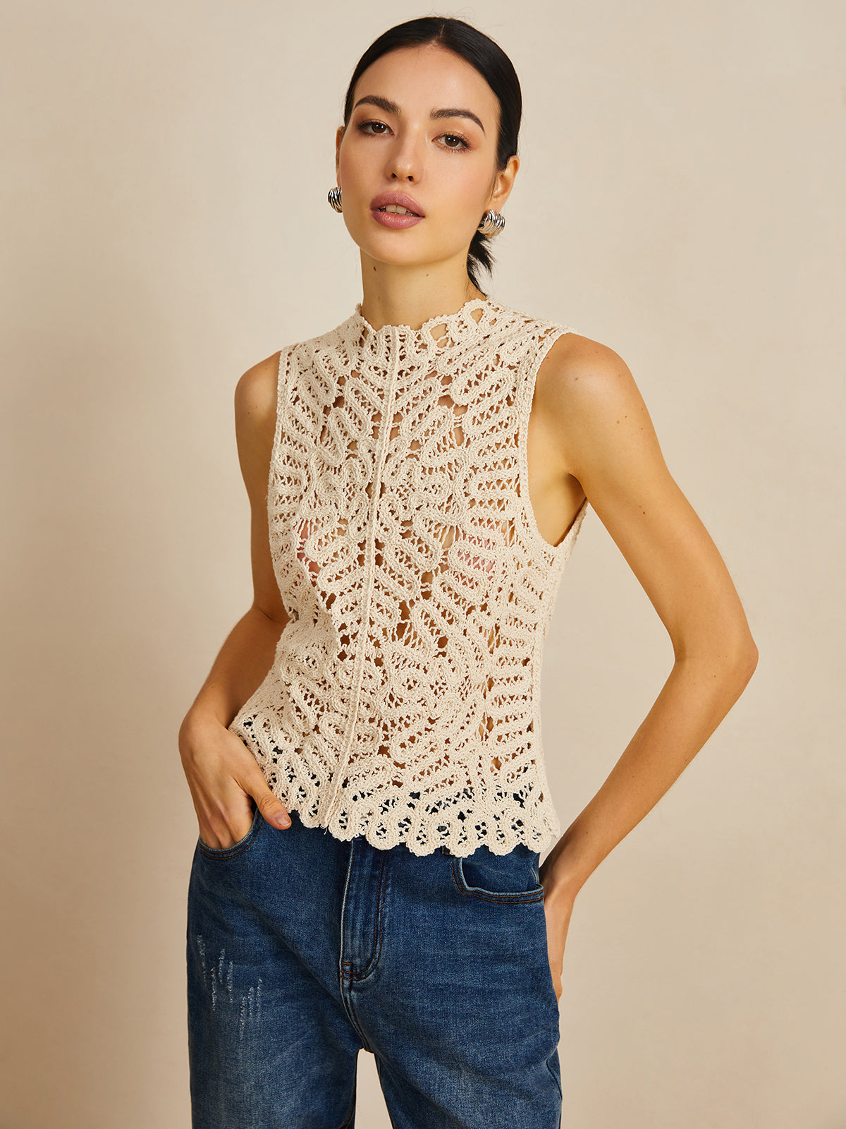 Floral Crochet Hollow Out Sweater Vest for Women Casual Layering