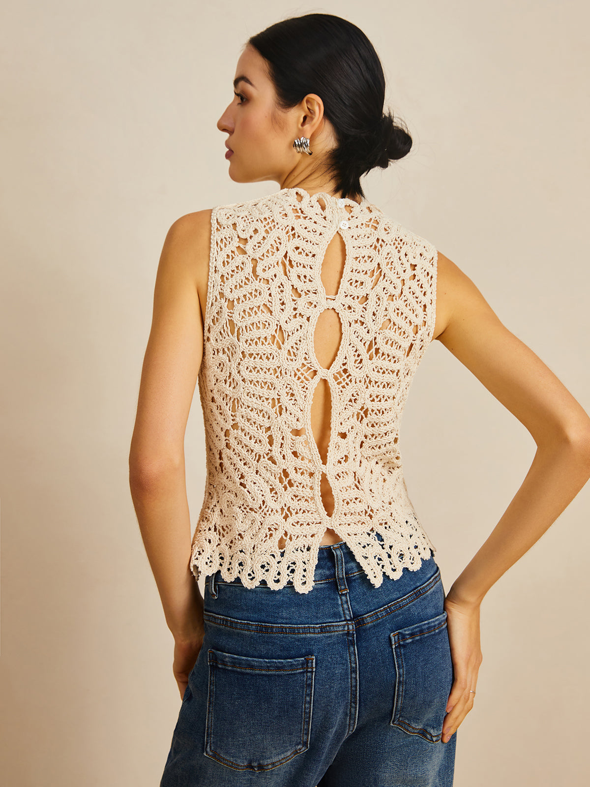 Floral Crochet Hollow Out Sweater Vest for Women Casual Layering