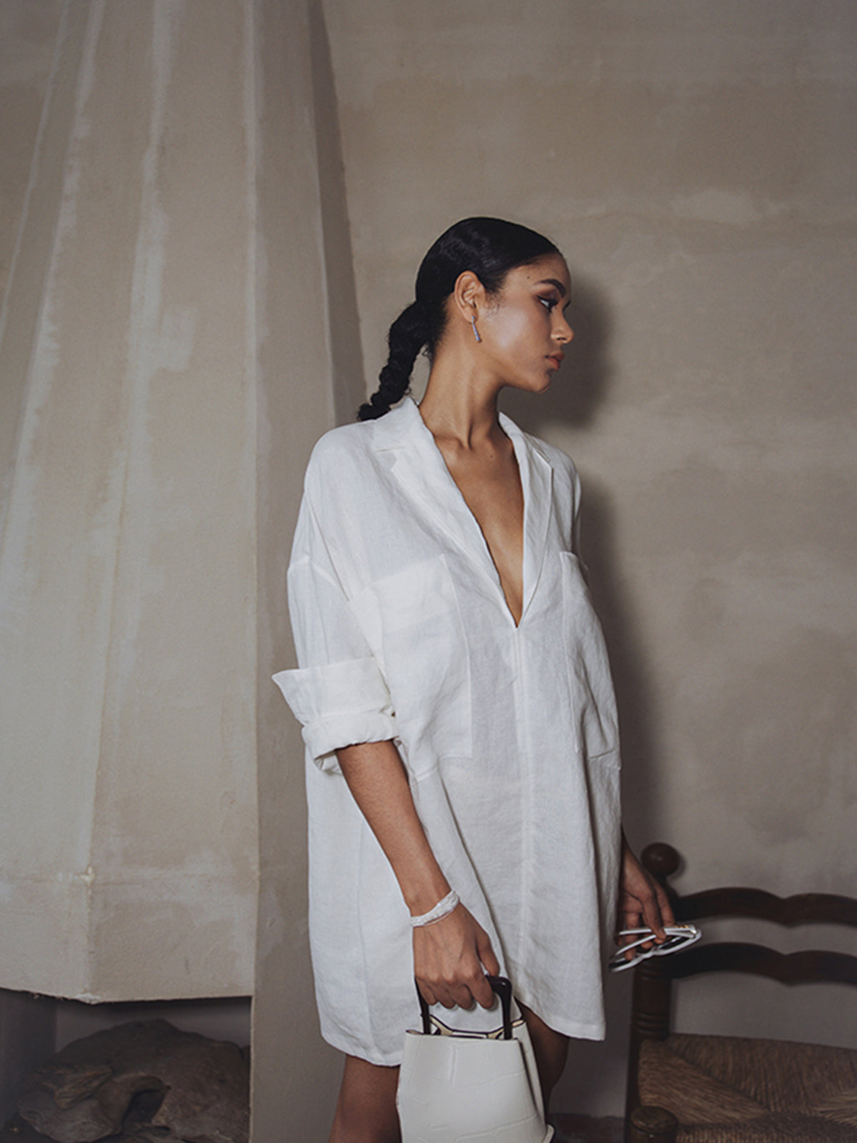 Oversized Linen Pockets Semi-Sheer Long Sleeve Dress with Tie Waist and Button Detail