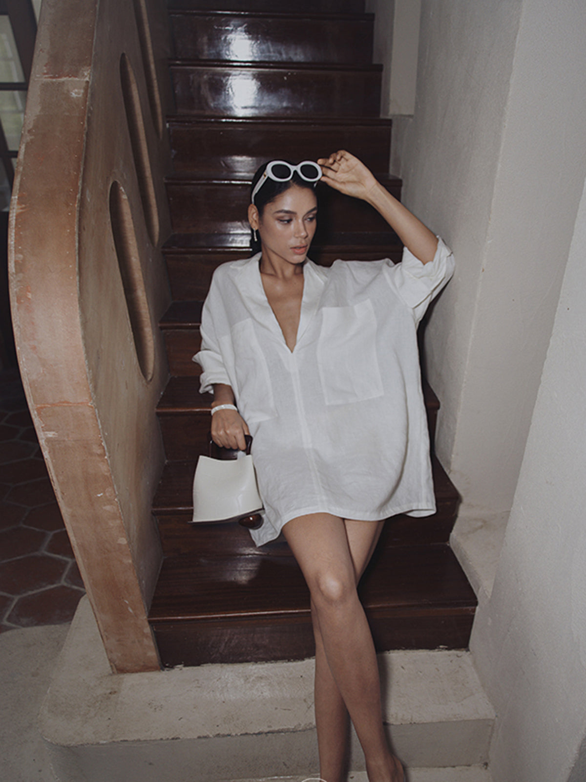 Oversized Linen Pockets Semi-Sheer Long Sleeve Dress with Tie Waist and Button Detail