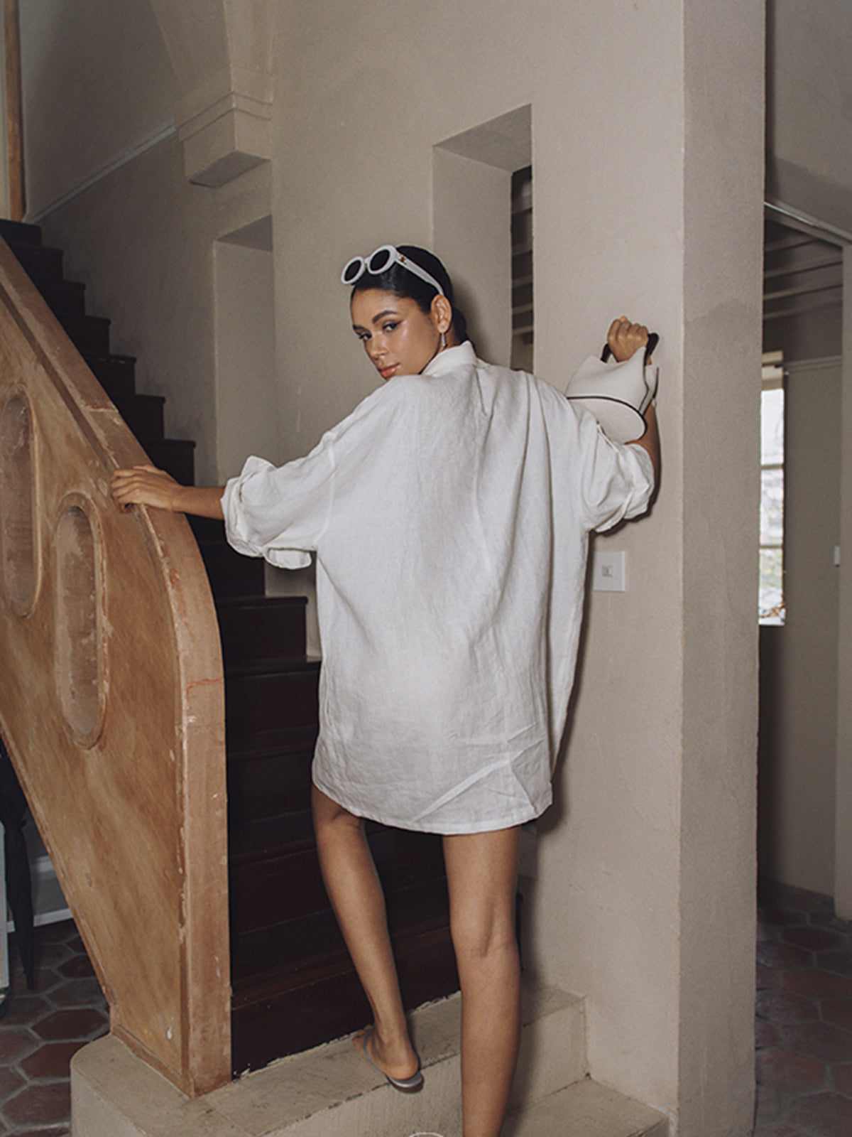 Oversized Linen Pockets Semi-Sheer Long Sleeve Dress with Tie Waist and Button Detail