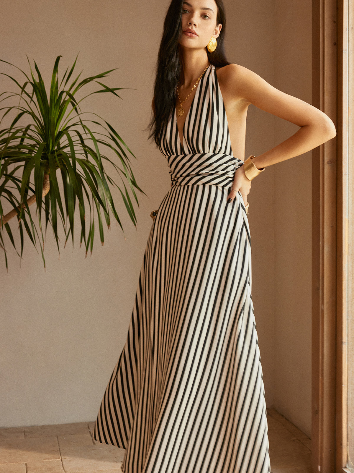 Stripe Backless Pockets Dress with Adjustable Straps Summer Beachwear