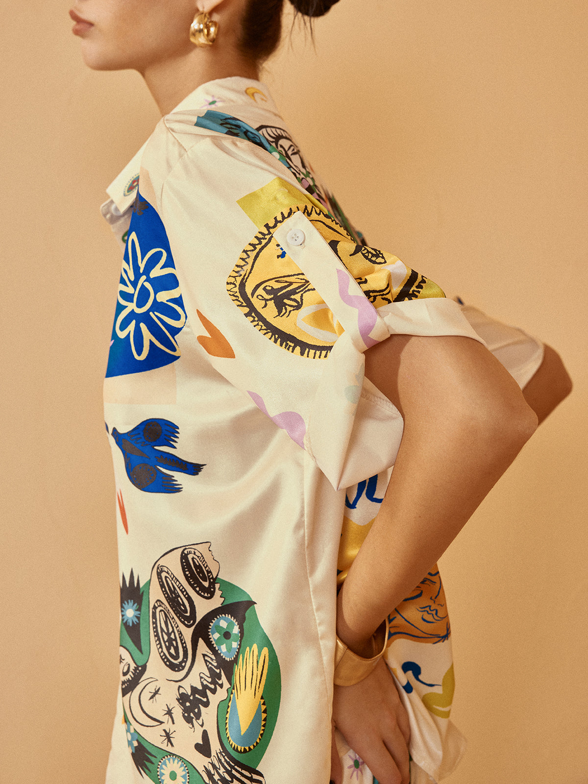 Satin Graffiti Lapel Pants Set - Stylish Women's Casual Wear