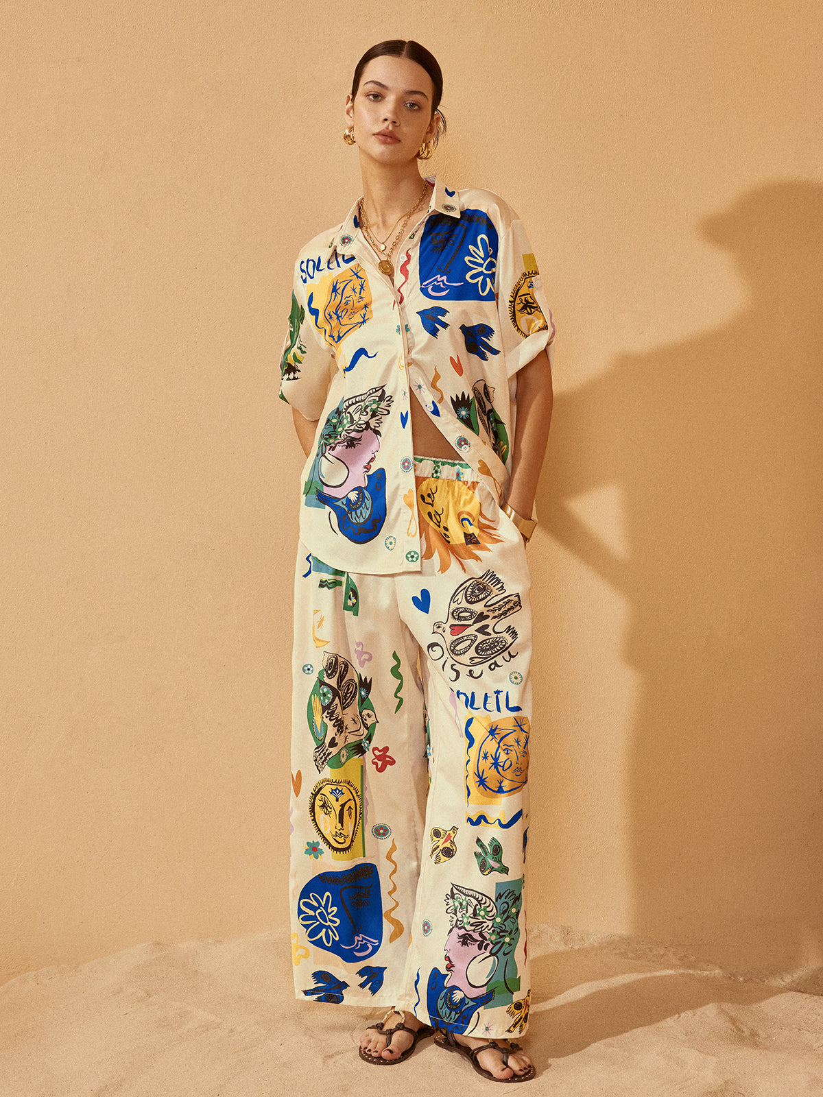 Satin Graffiti Lapel Pants Set - Stylish Women's Casual Wear