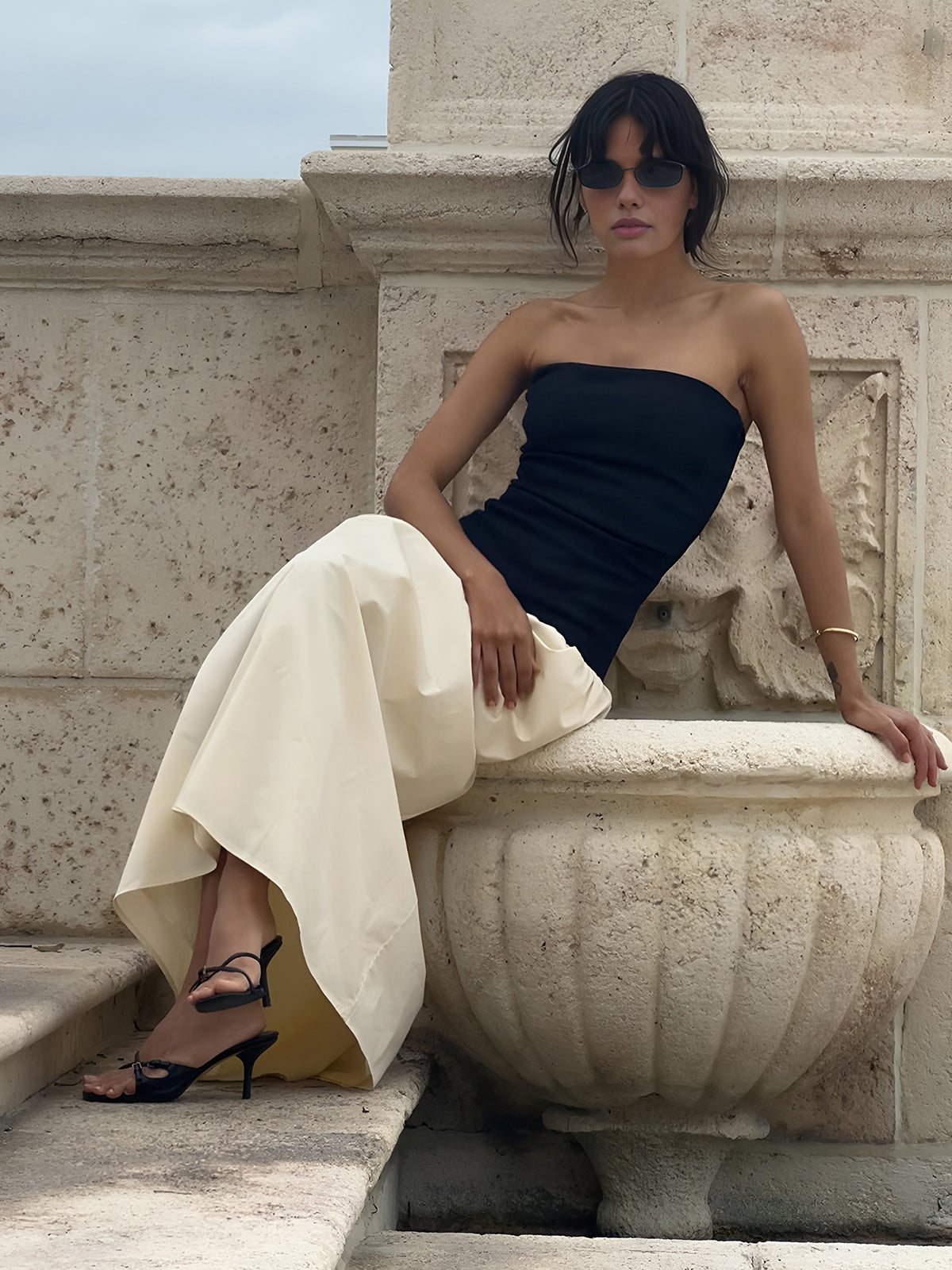 Contrast Color Tube Long Dress Elegant Slim Fit Evening Gown