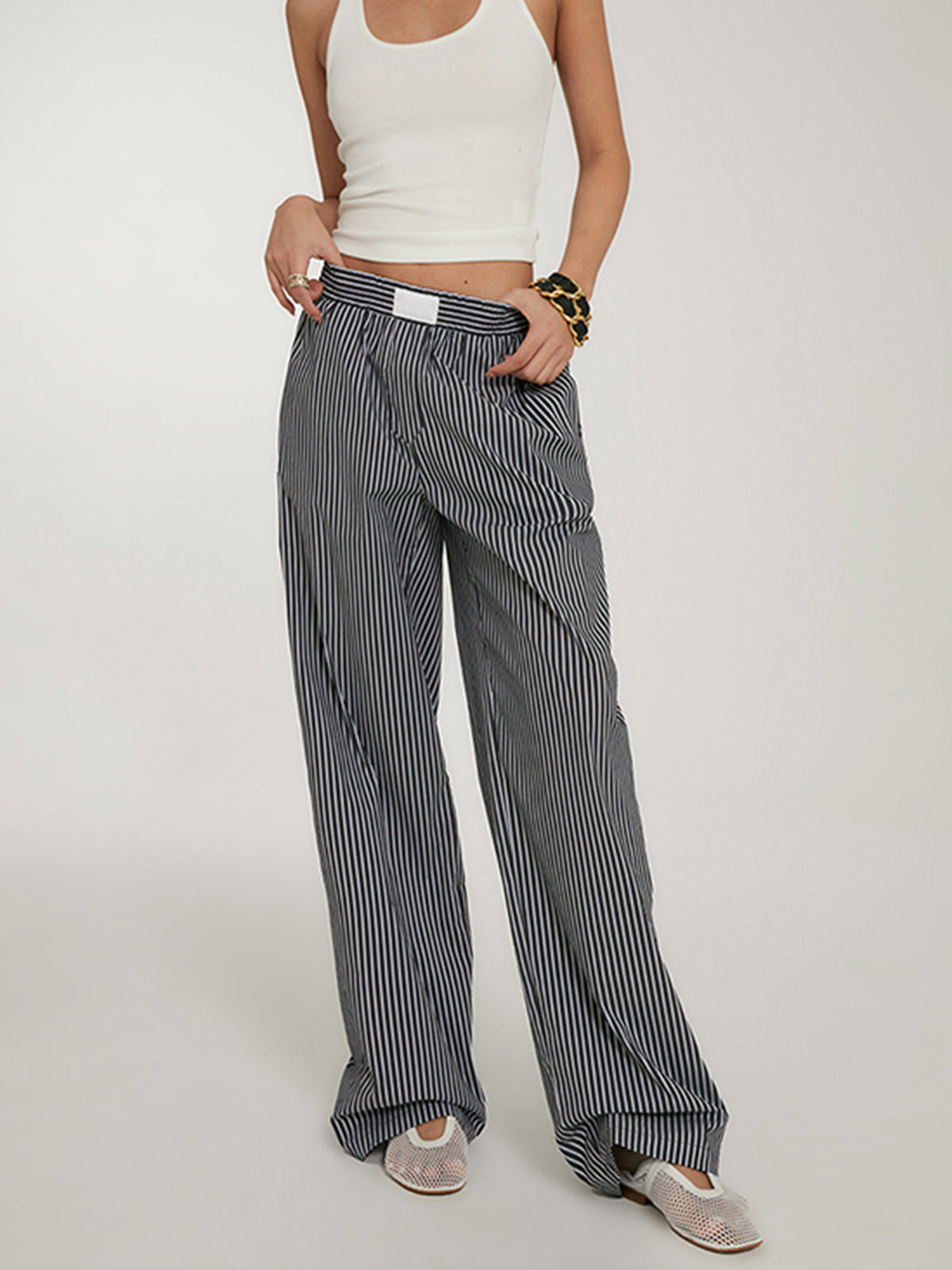 Casual Striped Wide Leg Pants High Waisted Flowy Fit