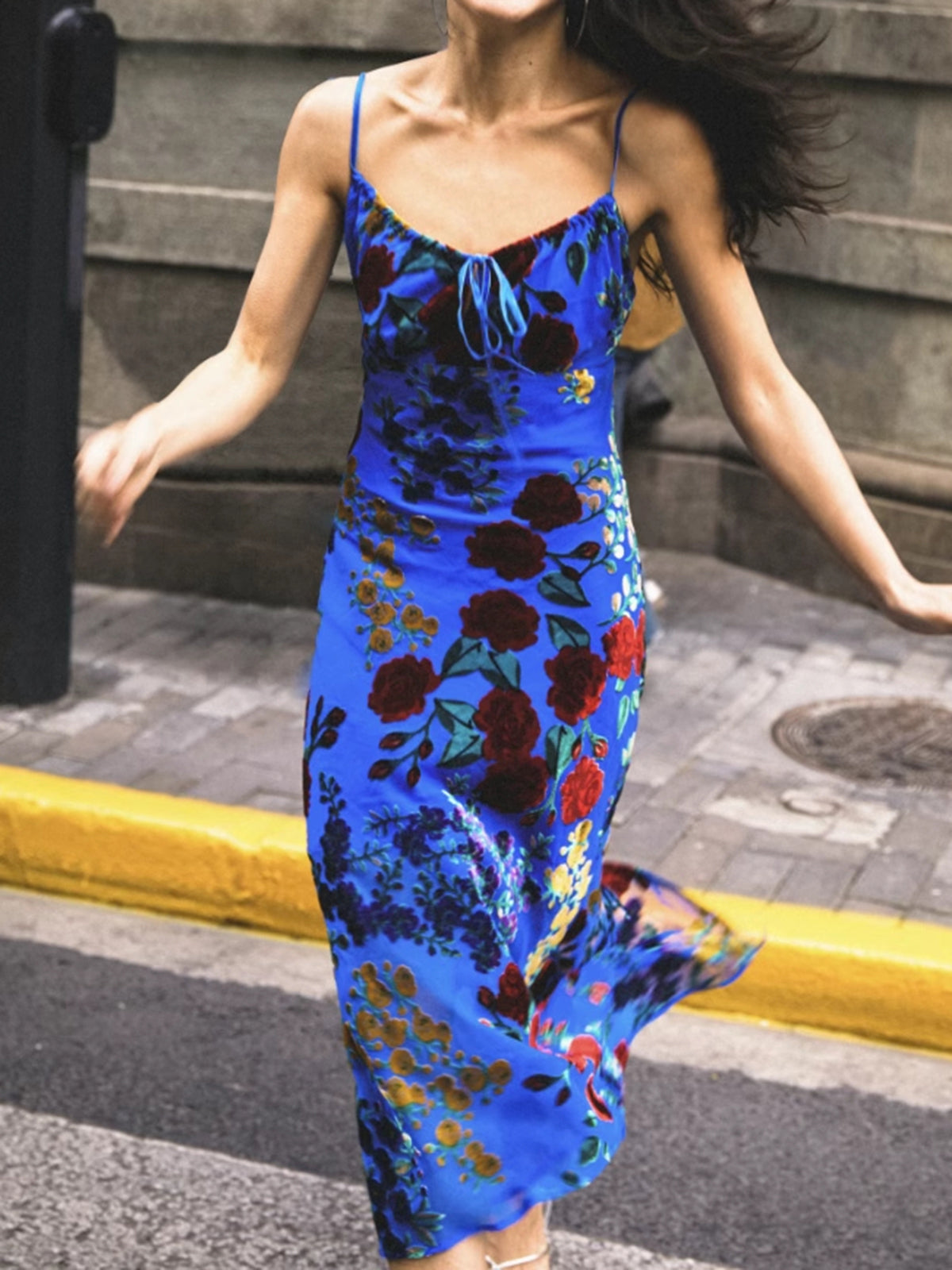 Velvet Floral Appliqué Cami Dress with Lace Detailing