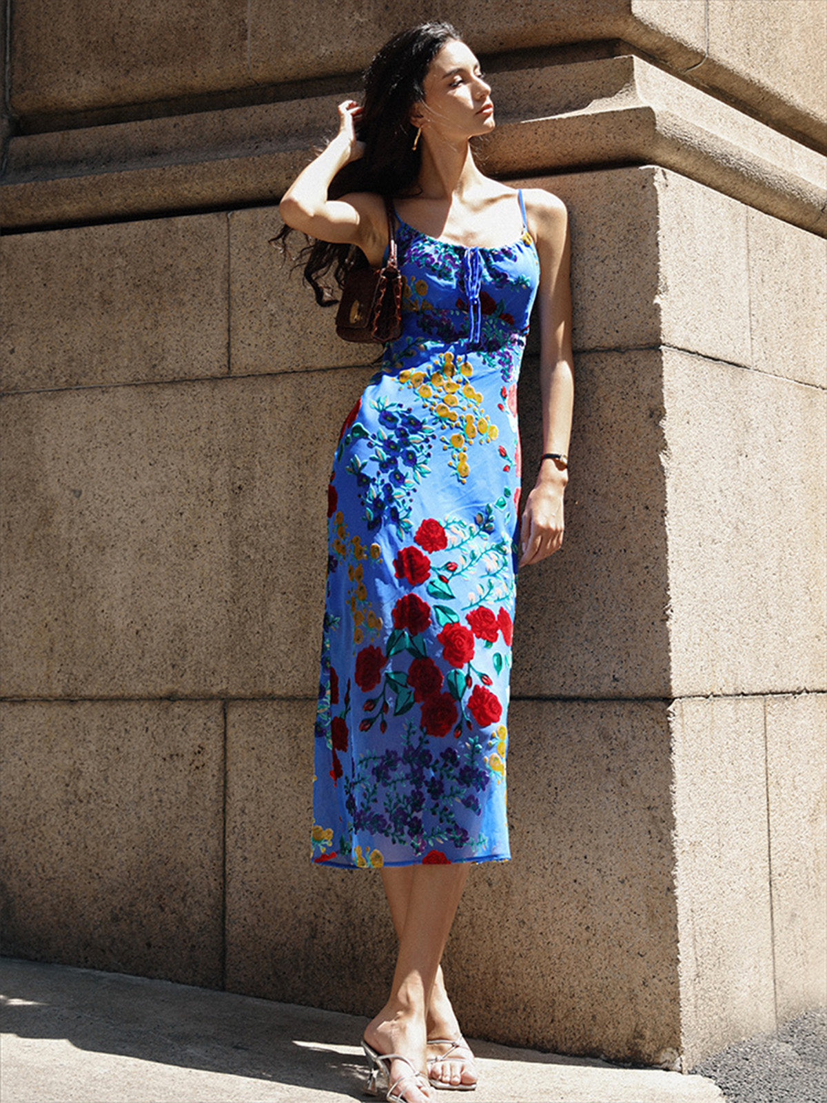 Velvet Floral Appliqué Cami Dress with Lace Detailing