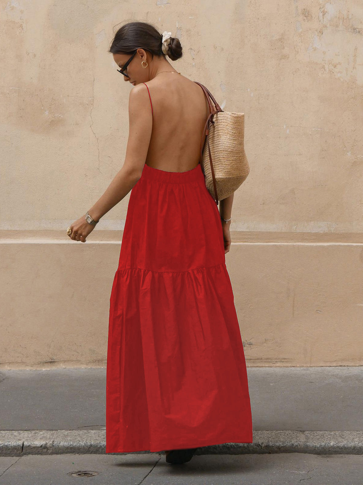 Solid Backless Long Dress with Elegant Flowing Skirt