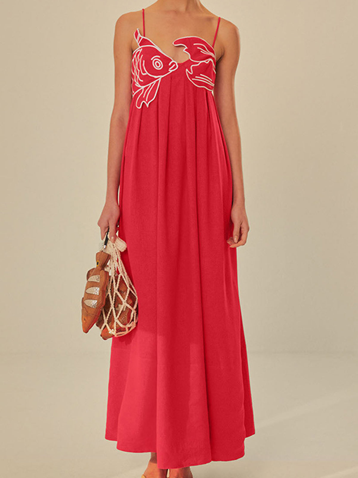 Embroidered Fish Semi-Sheer Cami Dress Lightweight Summer Beachwear